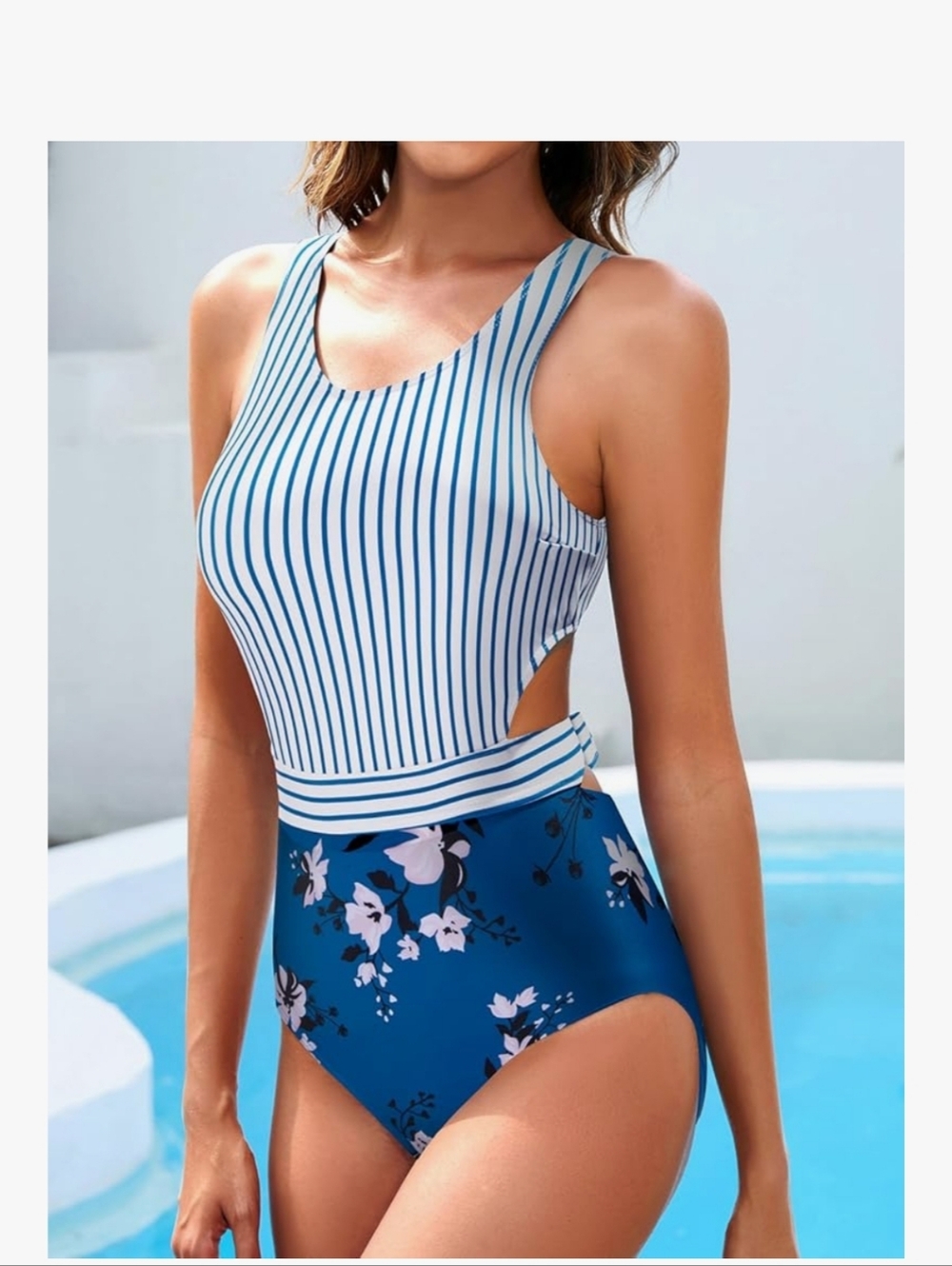 Women’s Blue Striped & Floral One-Piece Swimsuit